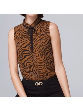 WHBM White House Black Market Brown Soft Tiger Print Sleeveless Blouse Sz Small